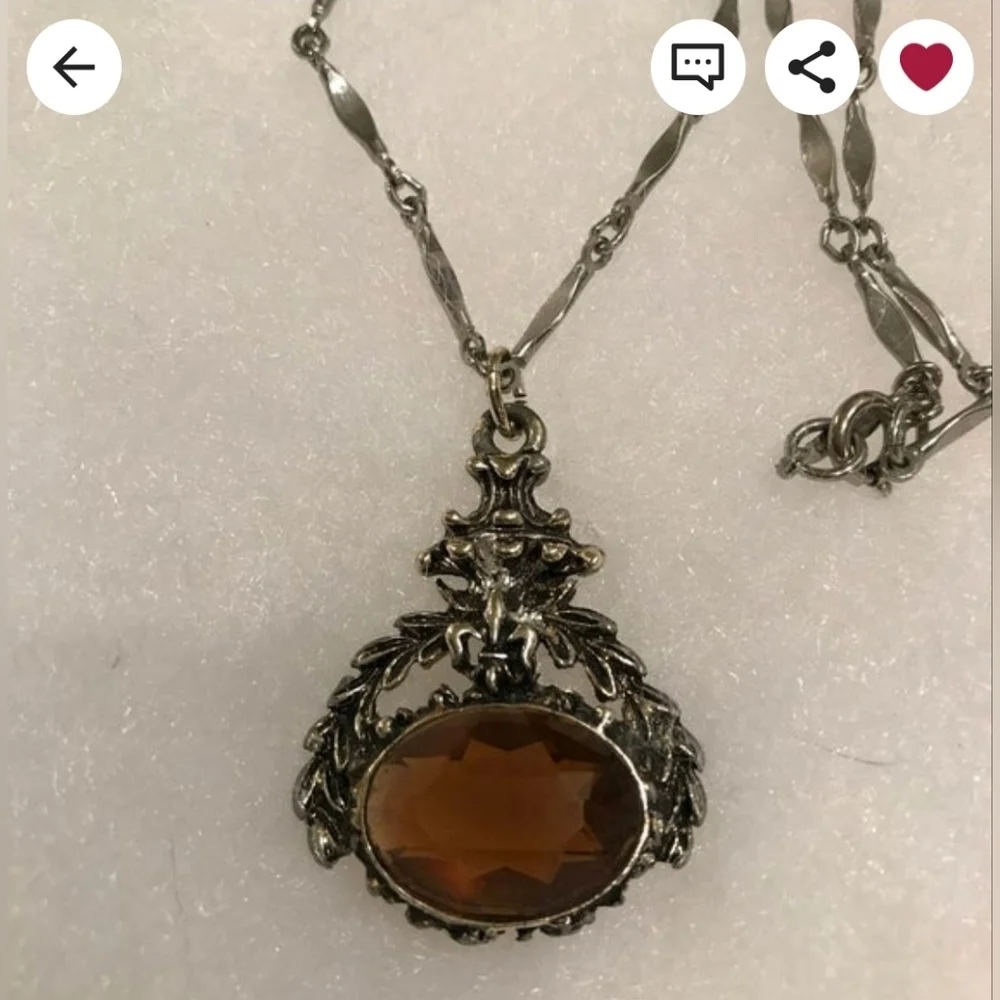 Vintage Gothic Like Necklace with Amber "Stone", Silver Toned Chain - Picture 1 of 6